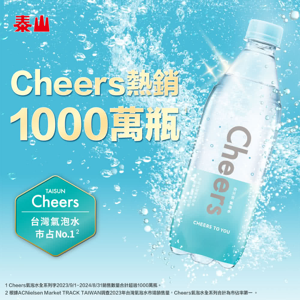 2 根據ACNielsen Market TRACK TAIWAN調查2023年台灣氣泡水市場銷售量,Cheers氣泡水全系列合計為市佔率第一。