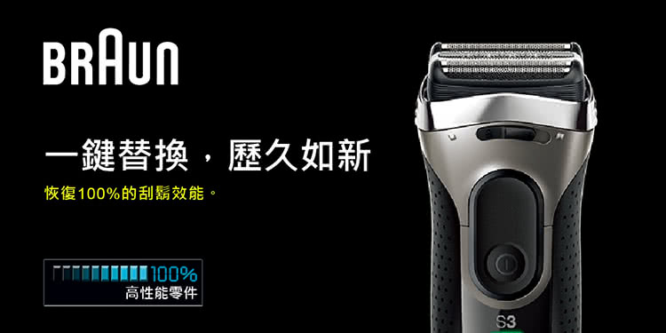 一鍵替換,歷久如新 恢復100%的刮鬍效能。 高性能零件 