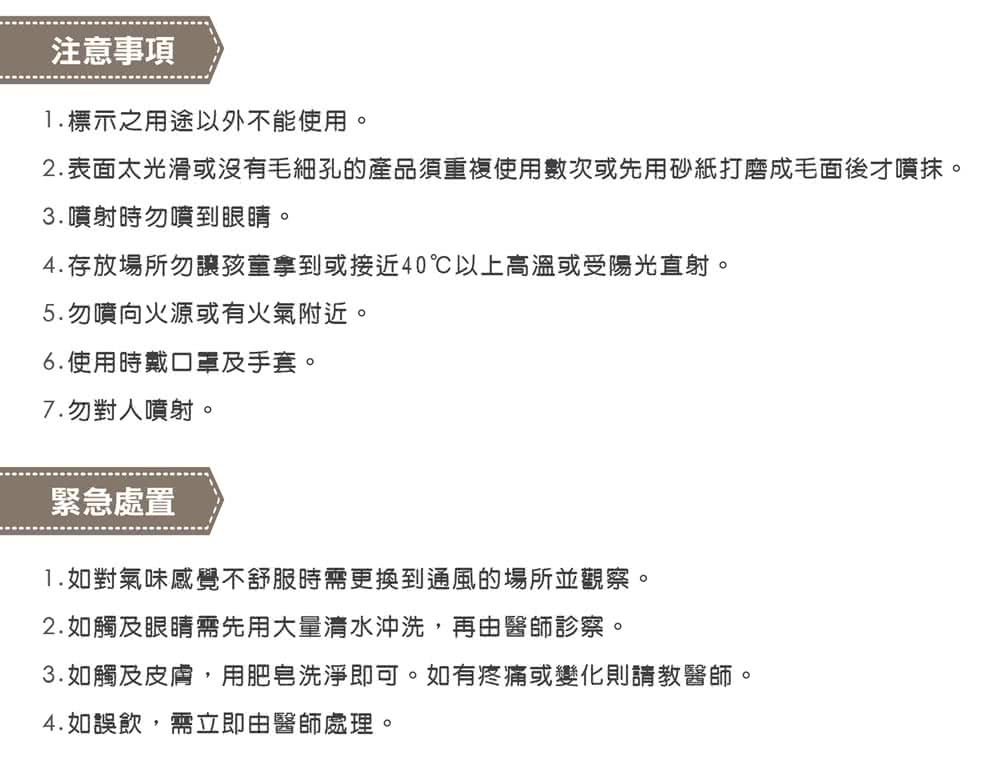 2.表面太光滑或沒有毛細孔的產品須重複使用數次或先用砂紙打磨成毛面後才噴抹。