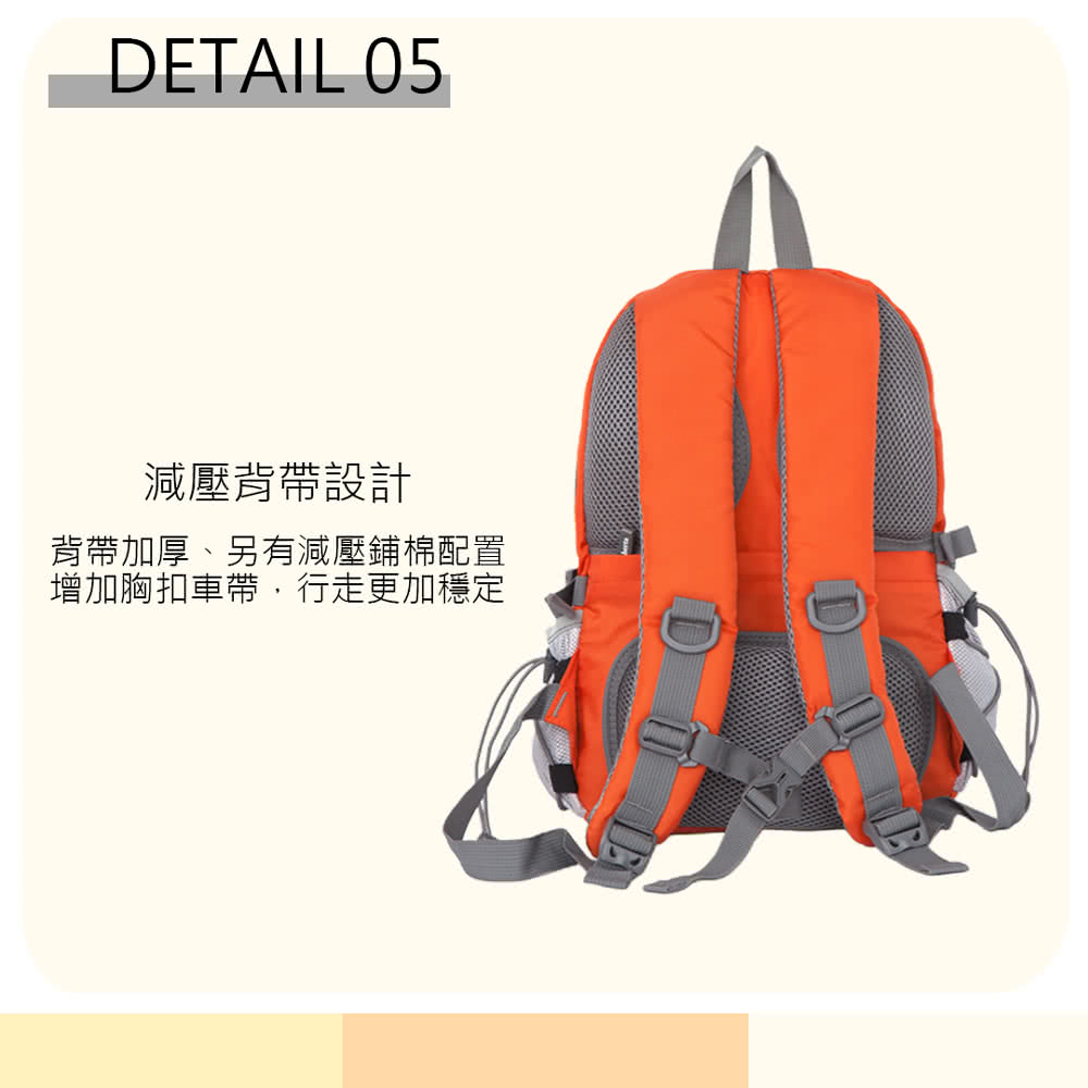 減壓背帶設計 背帶加厚、另有減壓鋪棉配置 增加胸扣車帶,行走更加穩定 