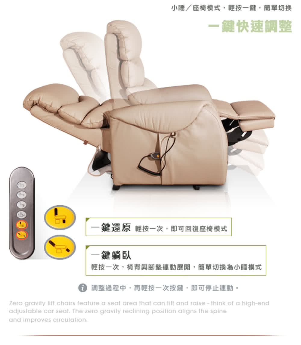 輕按一次,椅背與腳墊連動展開,簡單切換為小睡模式