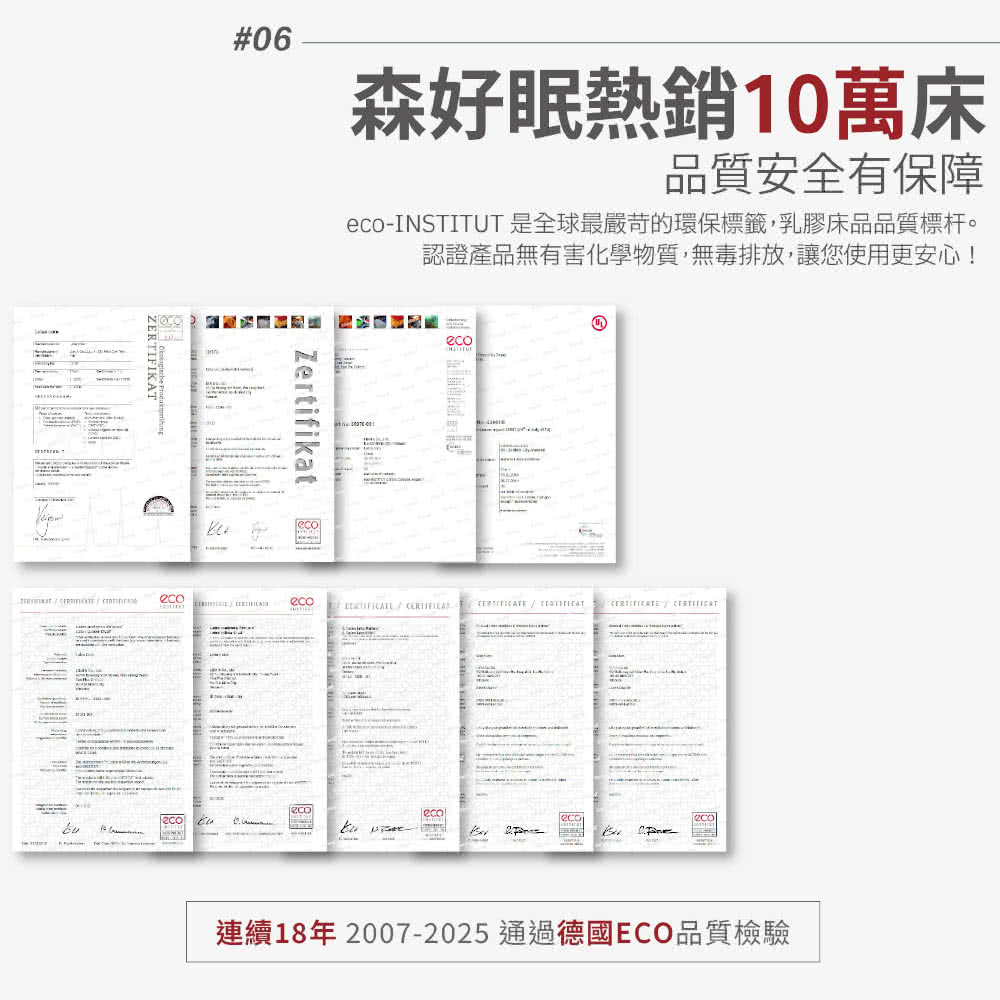 森好眠熱銷10萬床 品質安全有保障 ecoINSTITUT 是全球最嚴苛的環保標籤,乳膠床品品質標杆。 認證產品無有害化學物質,無毒排放,讓您使用更安心 連續18年 20072025 通過德國ECO品質檢驗