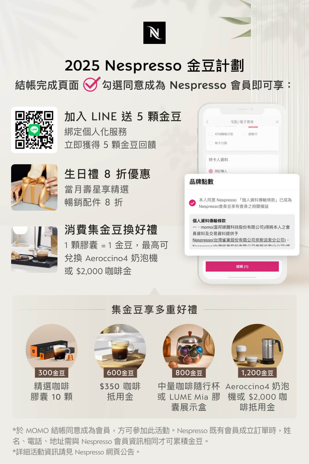 於 MOMO 結帳同意成為會員,方可參加此活動。Nespresso 既有會員成立訂單時,姓