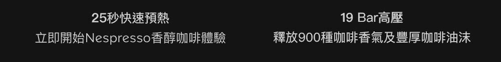 25秒快速預熱 19 Bar高壓 立即開始Nespresso香醇咖啡體驗 釋放900種咖啡香氣及豐厚咖啡油沫 