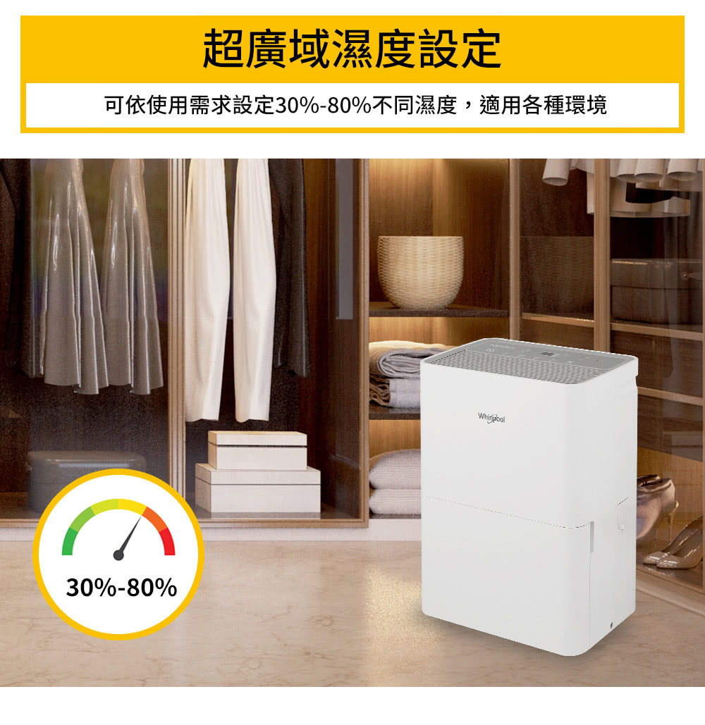 超廣域濕度設定 可依使用需求設定30%80%不同濕度,適用各種環境