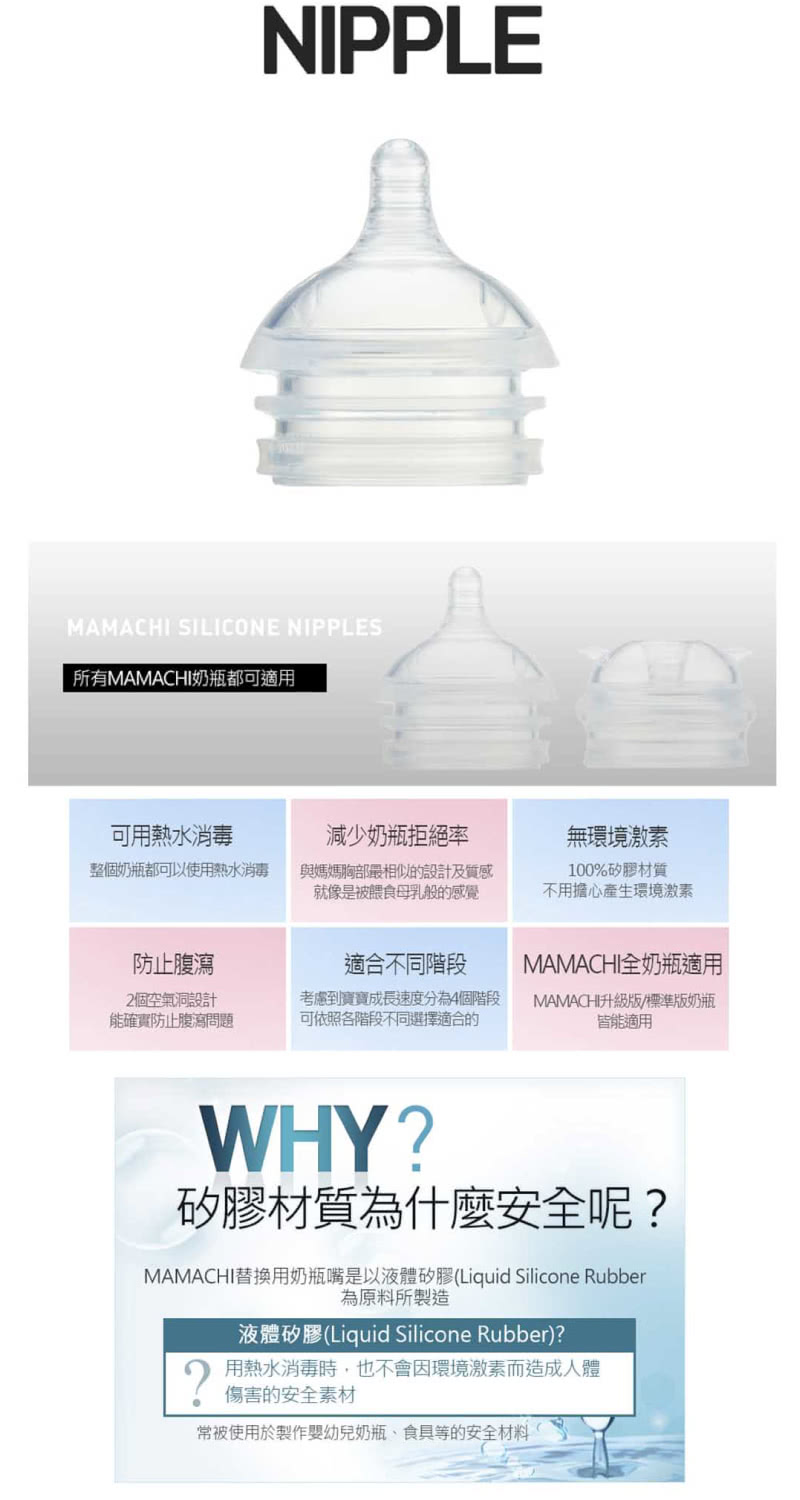 MAMACHI替换用奶瓶嘴是以液體矽膠Liquid Silicone Rubber
