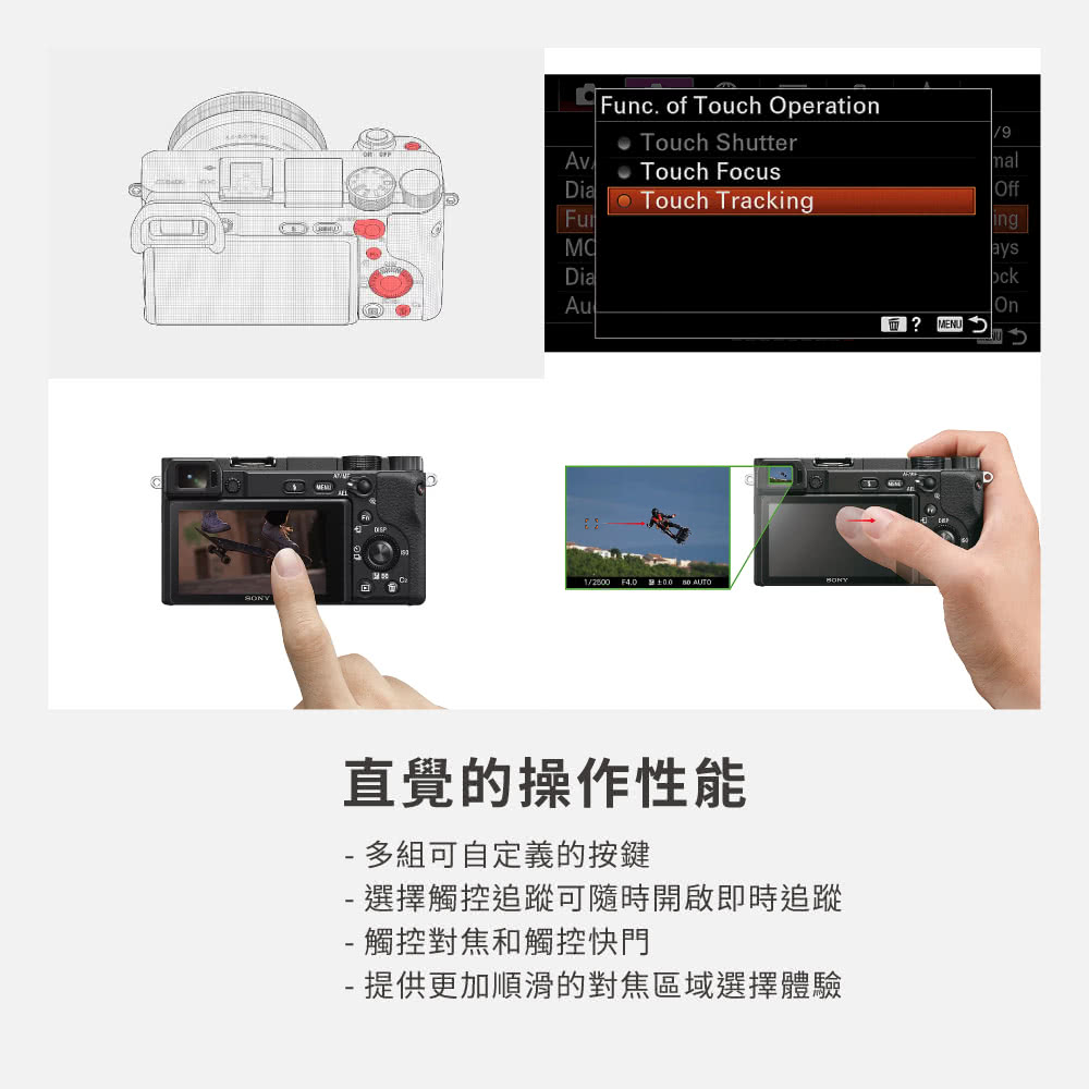 直覺的操作性能 多組可自定義的按鍵 選擇觸控追蹤可隨時開啟即時追蹤 觸控對焦和觸控快門 提供更加順滑的對焦區域選擇體驗 