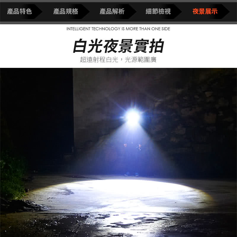 產品特色產品規格產品解析細節檢視夜景展示INTELLIGENT TECHNOLOGY IS MORE THAN ONE SIDE白光夜景實拍超遠射程白光,光源範圍廣