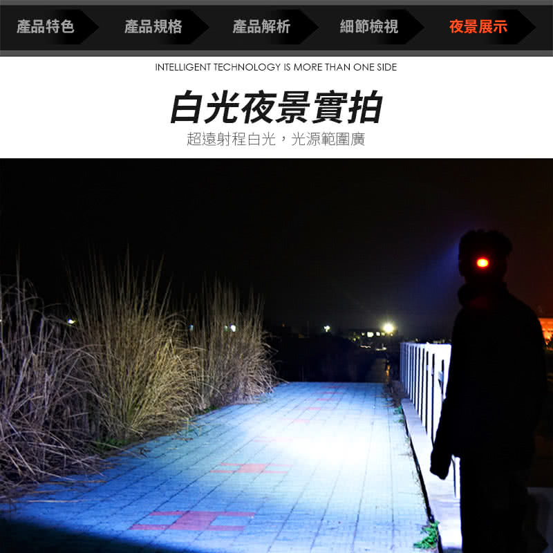 產品特色產品規格產品解析細節檢視夜景展示INTELLIGENT TECHNOLOGY IS MORE THAN ONE SIDE白光夜景實拍超遠射程白光,光源範圍廣