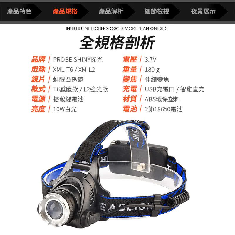 產品特色產品規格產品解析細節檢視夜景展示INTELLIGENT TECHNOLOGY IS MORE THAN ONE SIDE全規格剖析品牌  PROBE SHINY探光電壓  3.7V燈珠  XML-T6XM-L2鏡片/蛙眼凸透鏡款式/ T6感應款/L2強光款電源/搭載電池亮度  10W白光重量 | 180g變焦 伸縮變焦充電/ USB充電口/智能直充材質/ ABS環保塑料電池| 2節18650電池HT