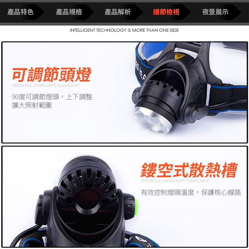 產品特色產品規格產品解析細節檢視夜景展示INTELLIGENT TECHNOLOGY IS MORE THAN ONE SIDE可調節頭燈VERSATILE ZOOM  FLASH90度可調節燈頭,上下調整擴大照射範圍鏤空式散熱槽VERSATILE ZOOM LIGHT FLASHLIGHT有效控制燈頭溫度,保護核心線路
