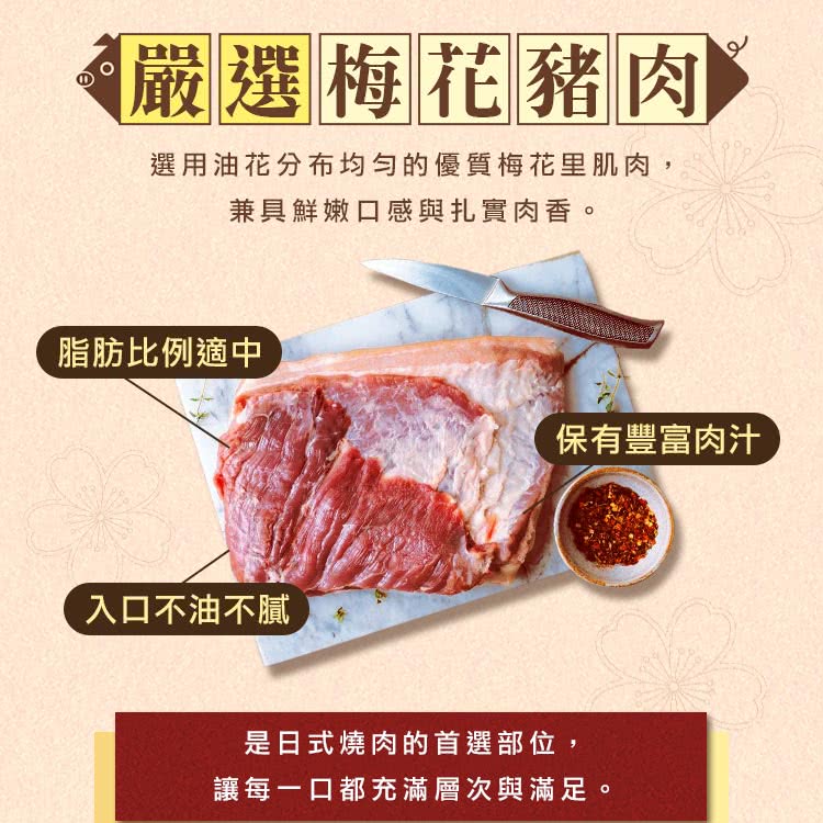 選用油花分布均勻的優質梅花里肌肉,