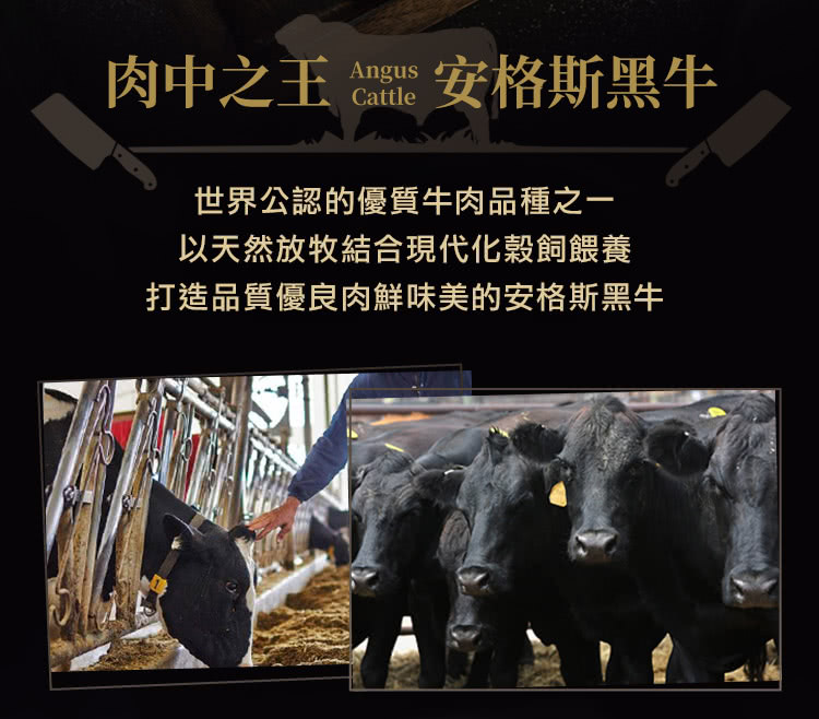 肉中之王 安格斯黑牛 世界公認的優質牛肉品種之一 以天然放牧結合現代化穀飼餵養 打造品質優良肉鮮味美的安格斯黑牛 