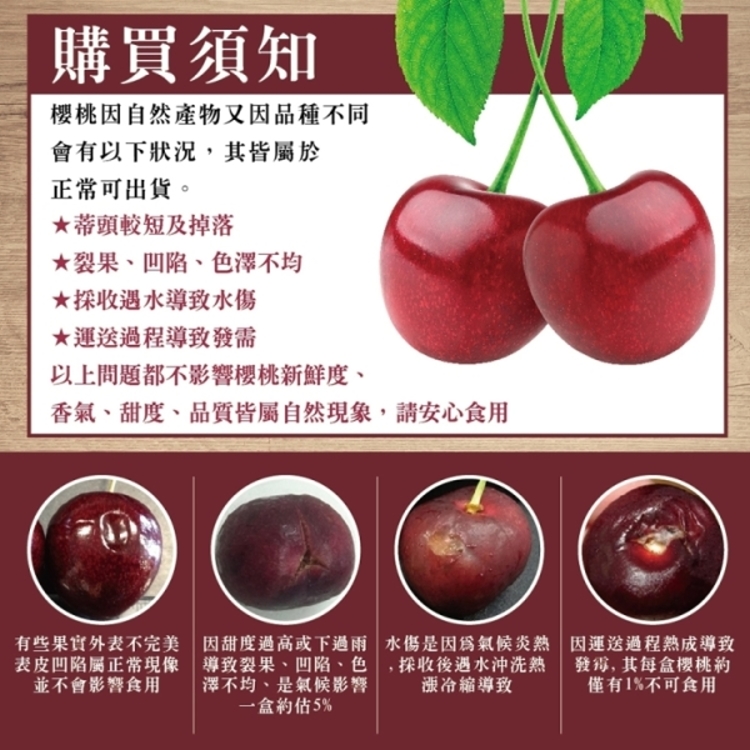 表皮凹陷屬正常現像導致裂果、凹陷、色,採收後遇水沖洗熱 發簿, 其每盒樱桃約