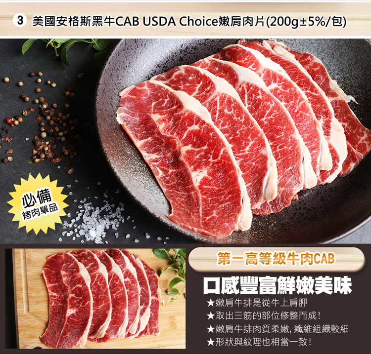3 美國安格斯黑牛CAB USDA Choice嫩肩肉片200g5%包