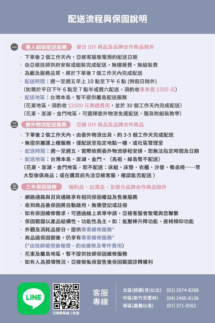 配送時間週一至週五,實際依照委外物流排程安排,恕無法指定時間及日期