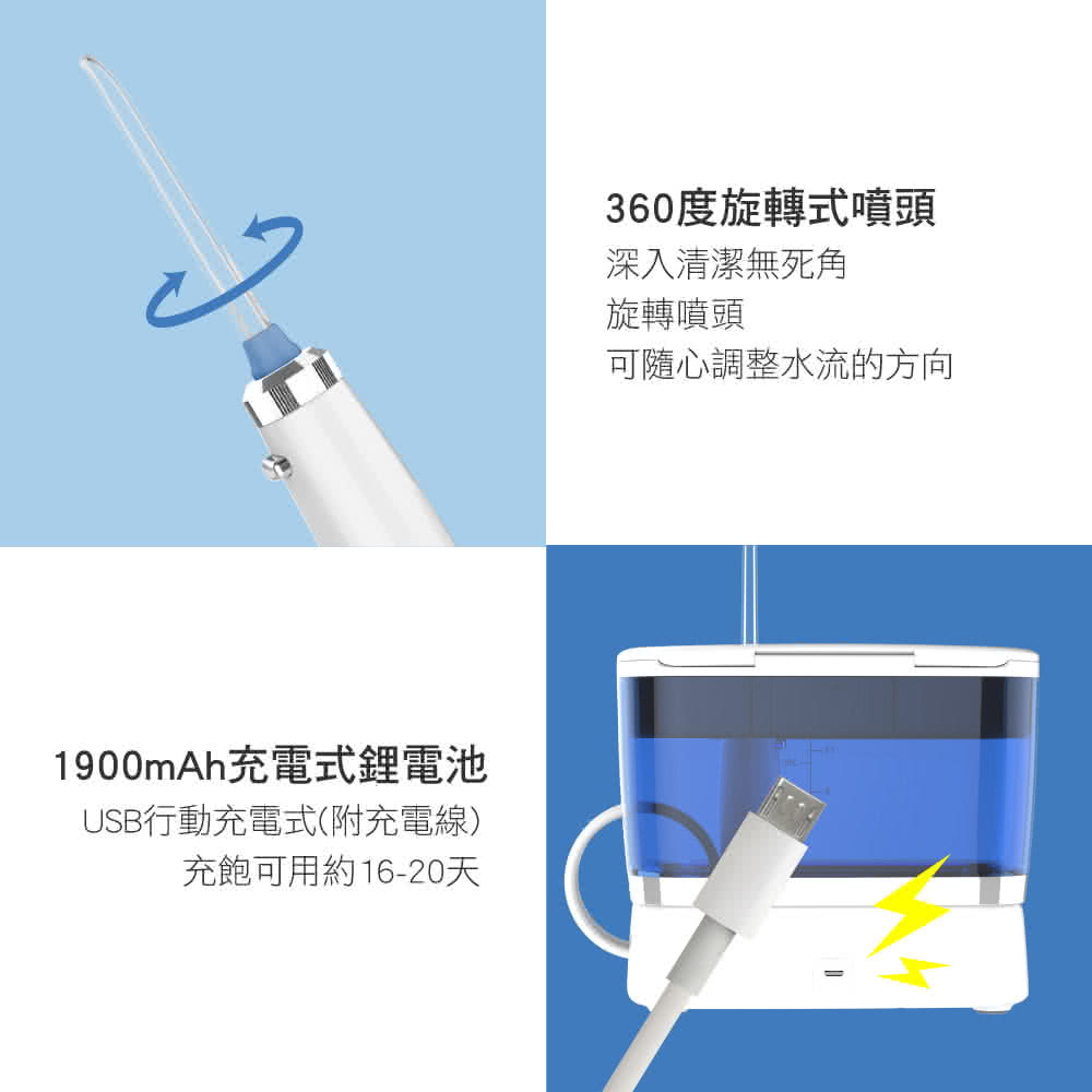 1900mAh充電式鋰電池USB行動充電式(附充電線)充飽可用約16-20天360度旋轉式噴頭深入清潔無死角旋轉噴頭可隨心調整水流的方向