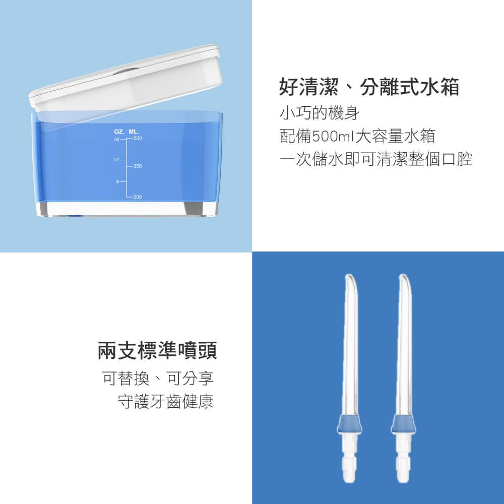 ML16-50012-好清潔、分離式水箱小巧的機身配備500ml大容量水箱一次儲水即可清潔整個口腔200兩支標準噴頭可替換、可分享守護牙齒健康