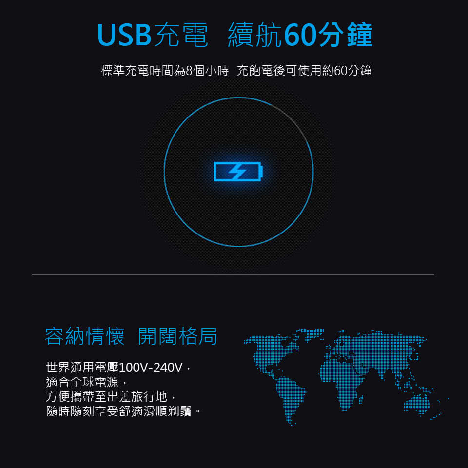 標準充電時間為8個小時 充飽電後可使用約60分鐘