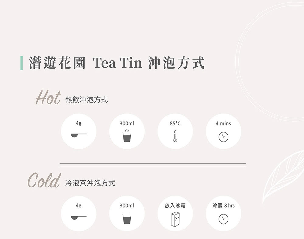 潛遊花園 Tea Tin 沖泡方式 熱飲沖泡方式 Cold 冷泡茶沖泡方式 放入冰箱 冷藏8hrs 
