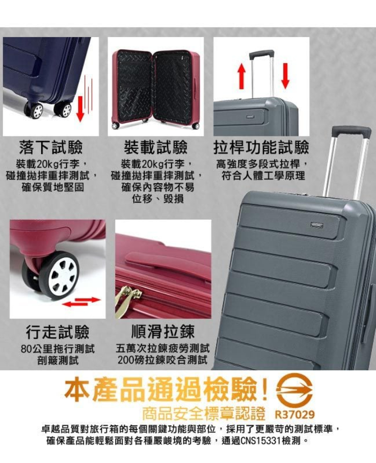 卓越品質對旅行箱的每個關鍵功能與部位,採用了更嚴苛的測試標準,