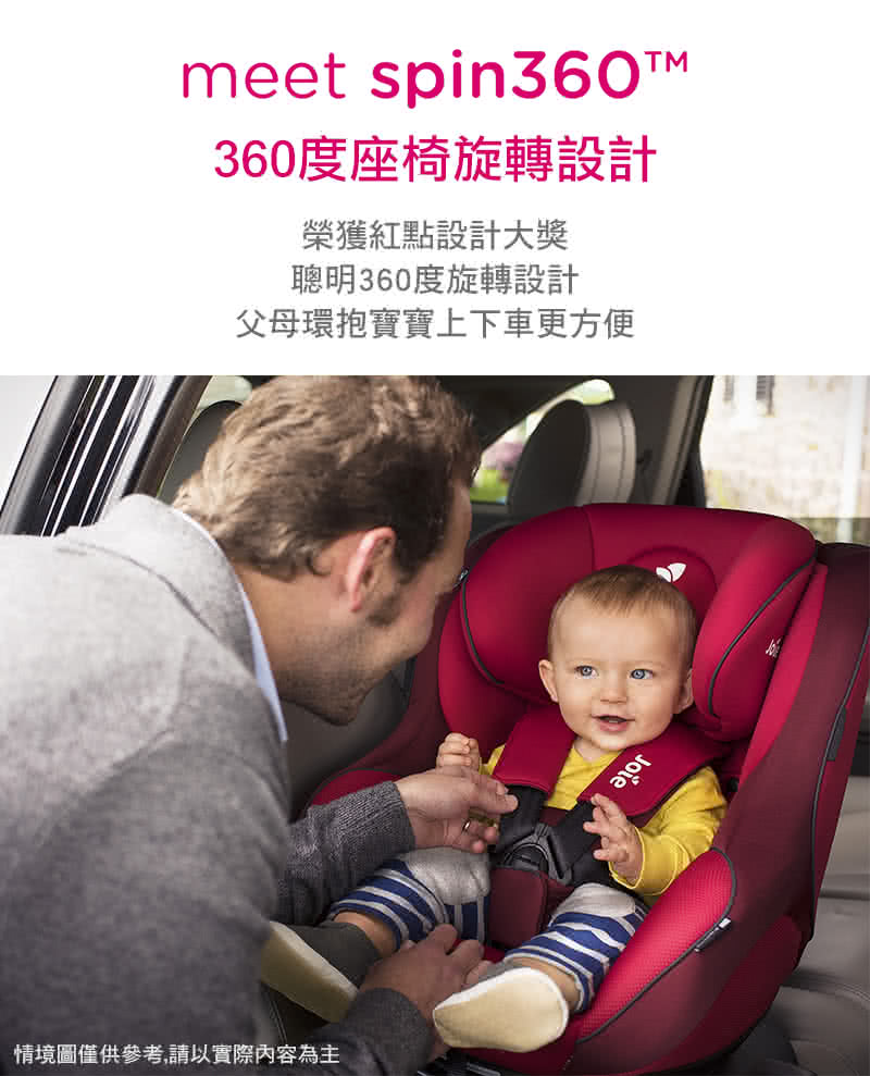 360度座椅旋轉設計 榮獲紅點設計大獎 聰明360度旋轉設計 父母環抱寶寶上下車更方便 情境圖僅供參考,請以實際內容為主 
