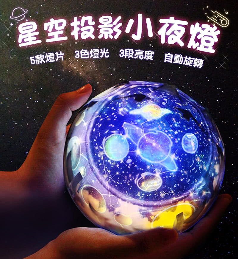 5款燈片 3色燈光 3段亮度 自動旋轉 星空投影小夜燈 