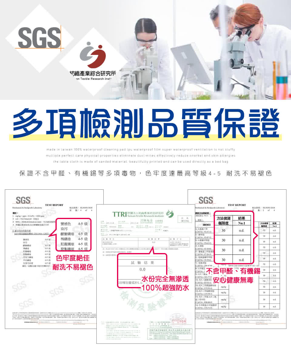 保證不含甲醛、有機錫等多項毒物,色牢度達最高等級45 耐洗不易褪色