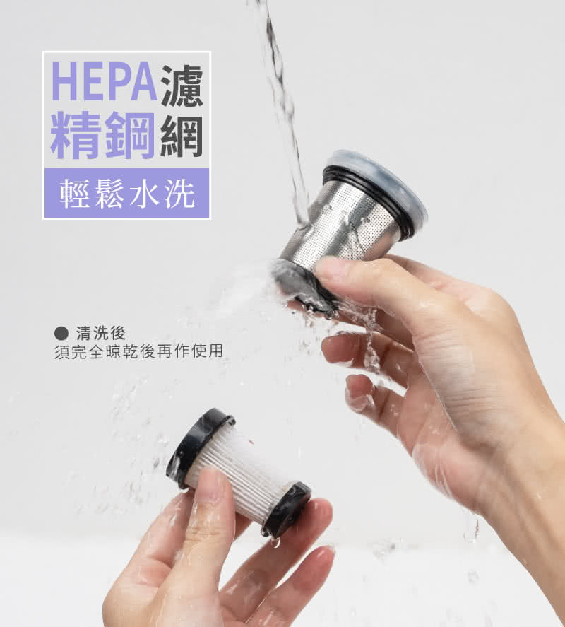 HEPA濾 精鋼網 輕鬆水洗 清洗後 須完全晾乾後再使用 