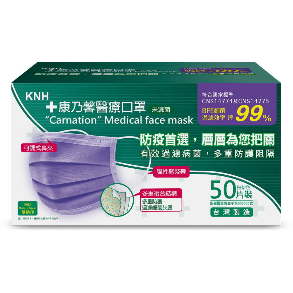 康乃馨 醫療口罩50片盒裝未滅菌 一般耳帶粉紫 Momo購物網