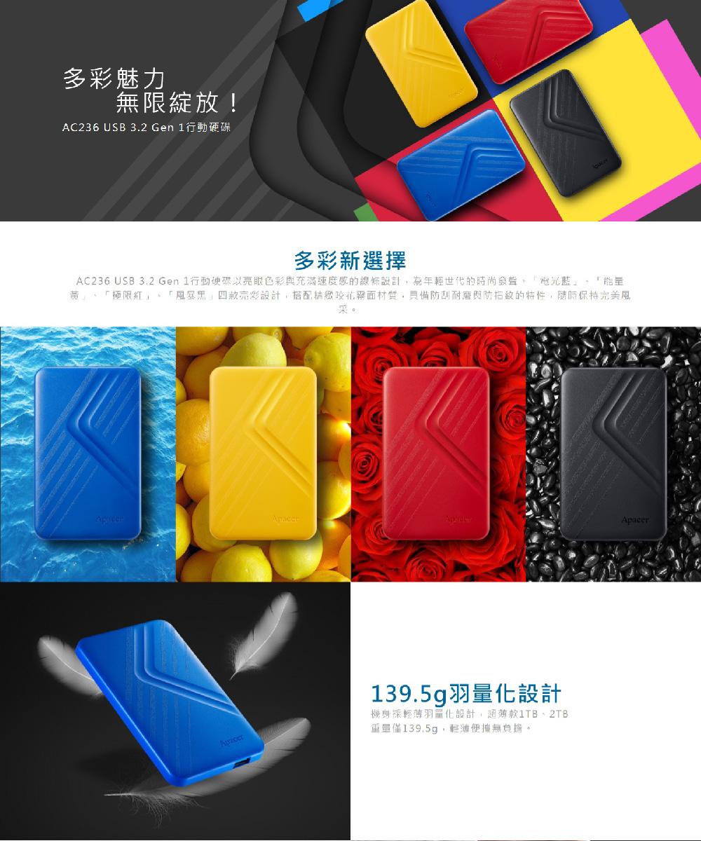 AC236 USB 3.2 Gen 1行動硬碟以亮眼色彩與充滿速度感的線條設計,為年輕世代的時尚發聲,電光藍、能量