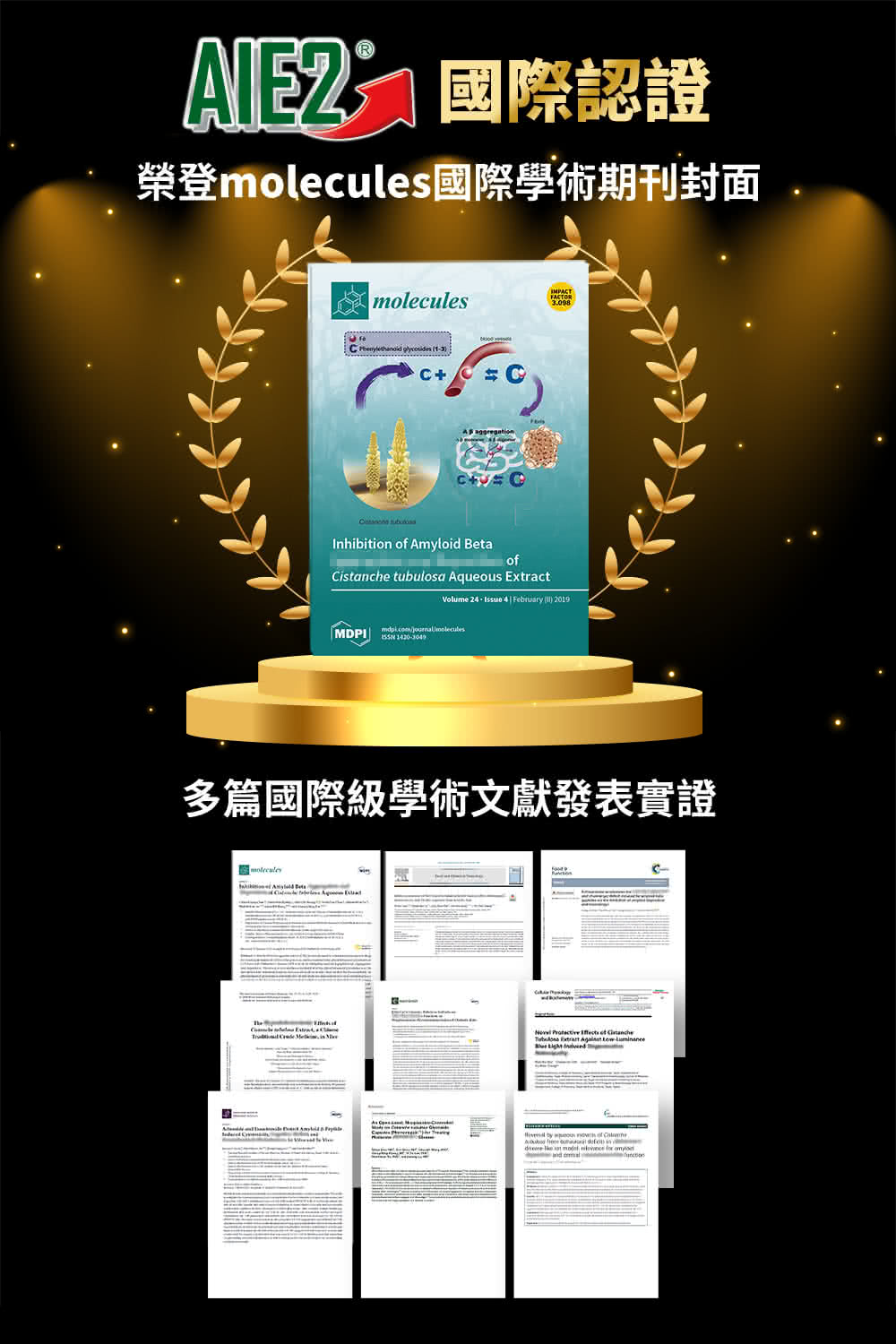 AE2 國際認證 榮登molecules國際學術期刊封面 多篇國際級學術文獻發表實證 