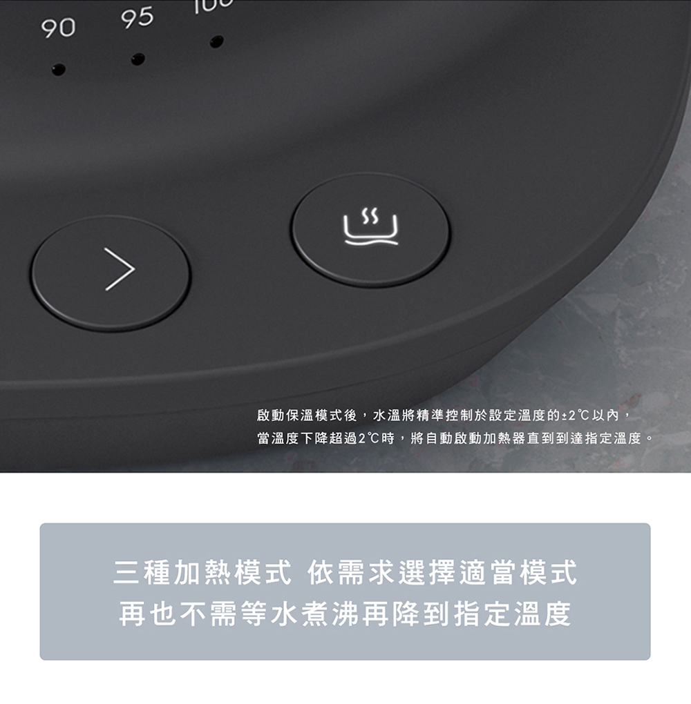 啟動保溫模式後,水溫將精準控制於設定溫度的2以內, 當溫度下降超過2時,將自動啟動加熱器直到到達指定溫度。 三種加熱模式 依需求選擇適當模式 再也不需等水煮沸再降到指定溫度