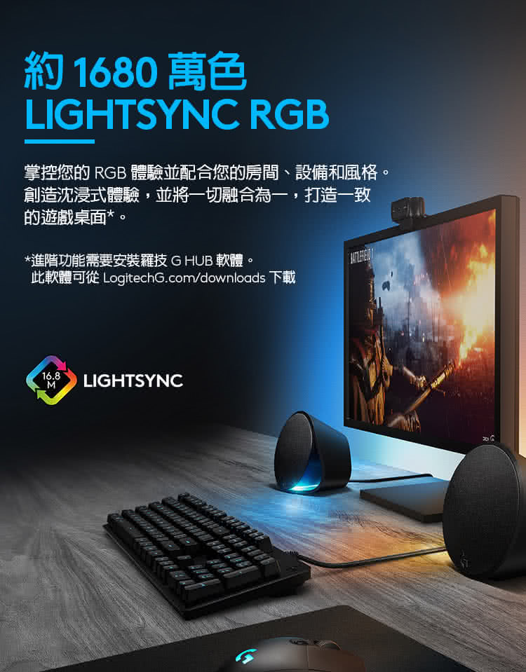 約1680 萬色 掌控您的 RGB體驗並配合您的房間、設備和風格。 創造沈浸式體驗,並將一切融合為一,打造一致 的遊戲桌面。 進階功能需要安裝羅技GHUB軟體 