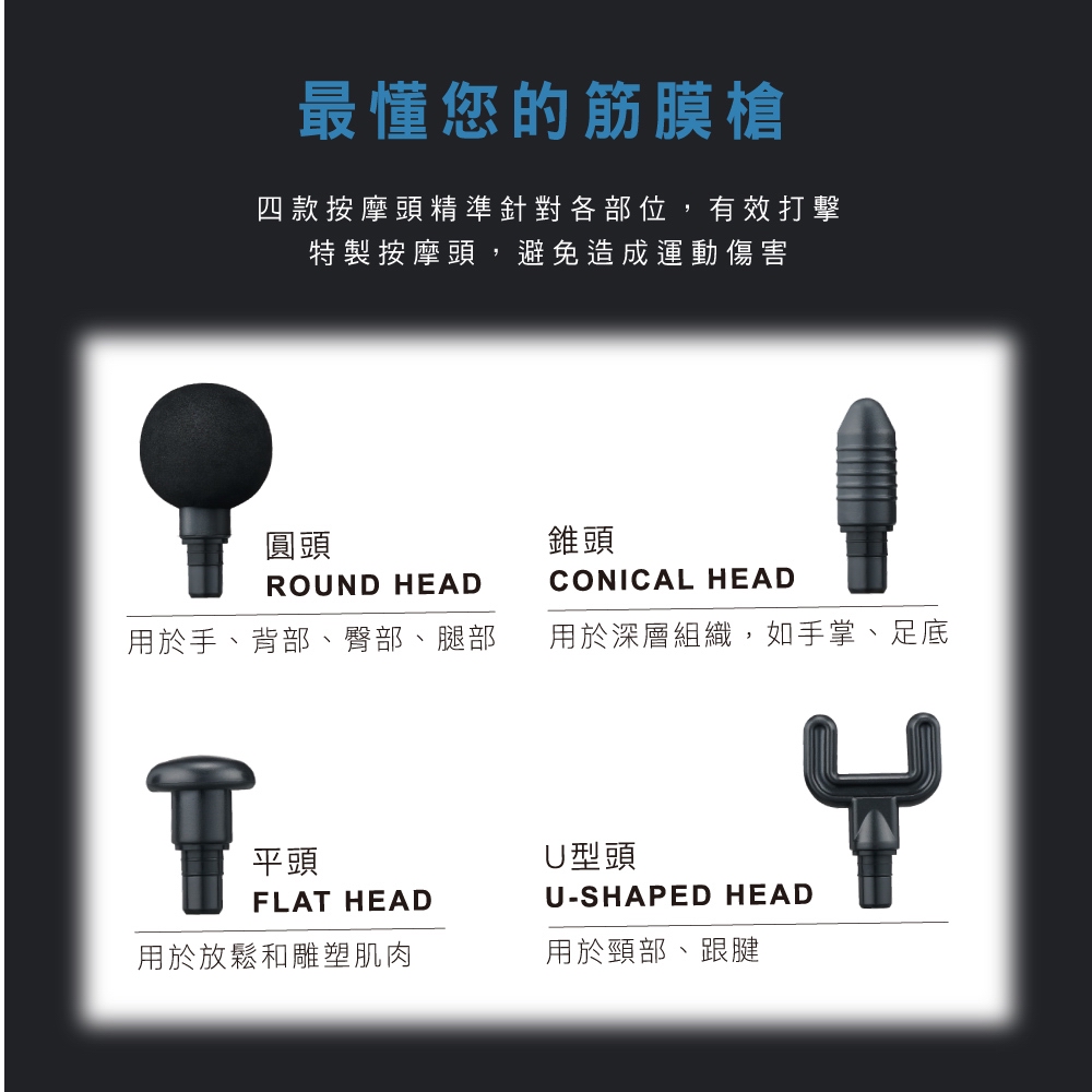 四款按摩頭精準針對各部位有效打擊