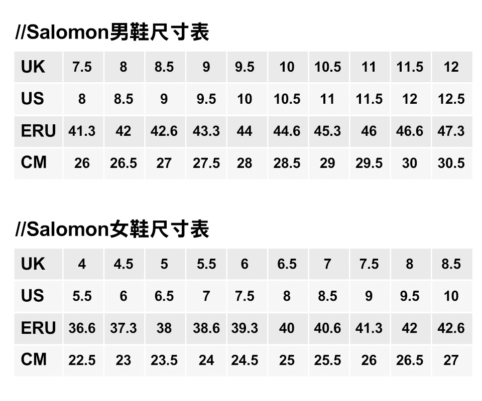 ISalomon男鞋尺寸表 IISalomon女鞋尺寸表 