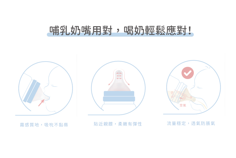 哺乳奶嘴用對,喝奶輕鬆應對 霧感質地,吸吮不黏唇 貼近親餵,柔嫩有彈性 空氣 流量穩定,透氣防脹氣 