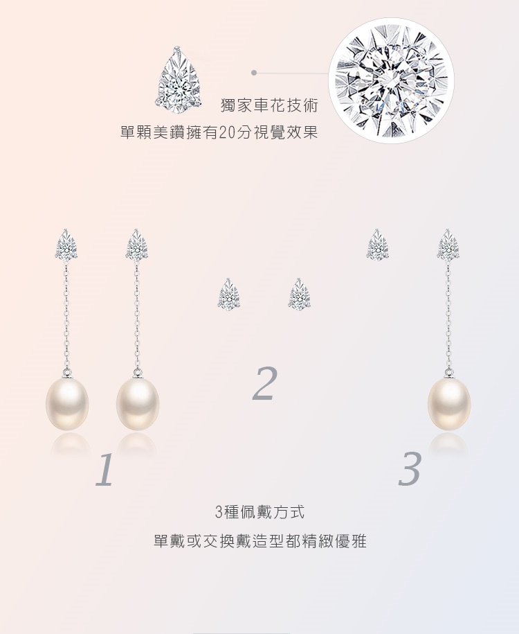 獨家車花技術 單顆美鑽擁有20分視覺效果 3種佩戴方式 單戴或交換戴造型都精緻優雅 
