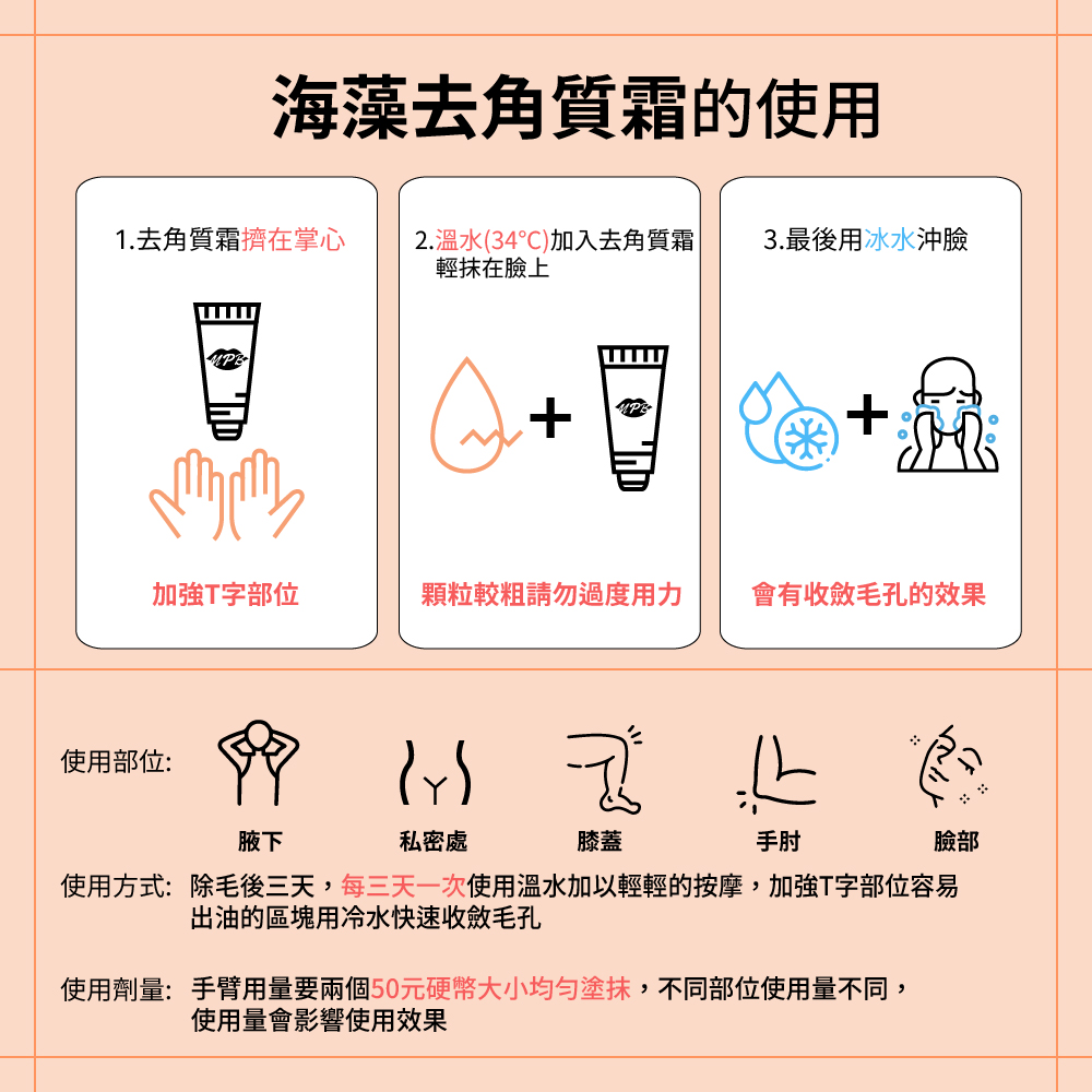 使用方式除毛後三天,每三天一次使用溫水加以輕輕的按摩,加強T字部位容易