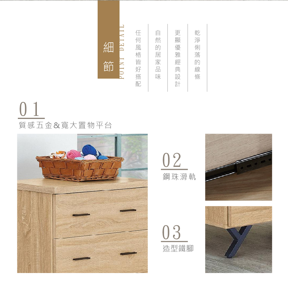01節DETAIL質感五金&寬大置物平台POINT02鋼珠滑軌03造型鐵腳