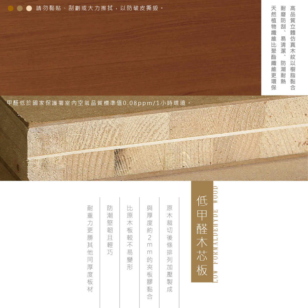 請勿黏貼刮劃或大力擦拭,防破皮撕毀。於國家保護署室內空氣標準值0.08ppm/1小時環境。品質以、LOW FORMALDEHYDE WOOD低甲醛