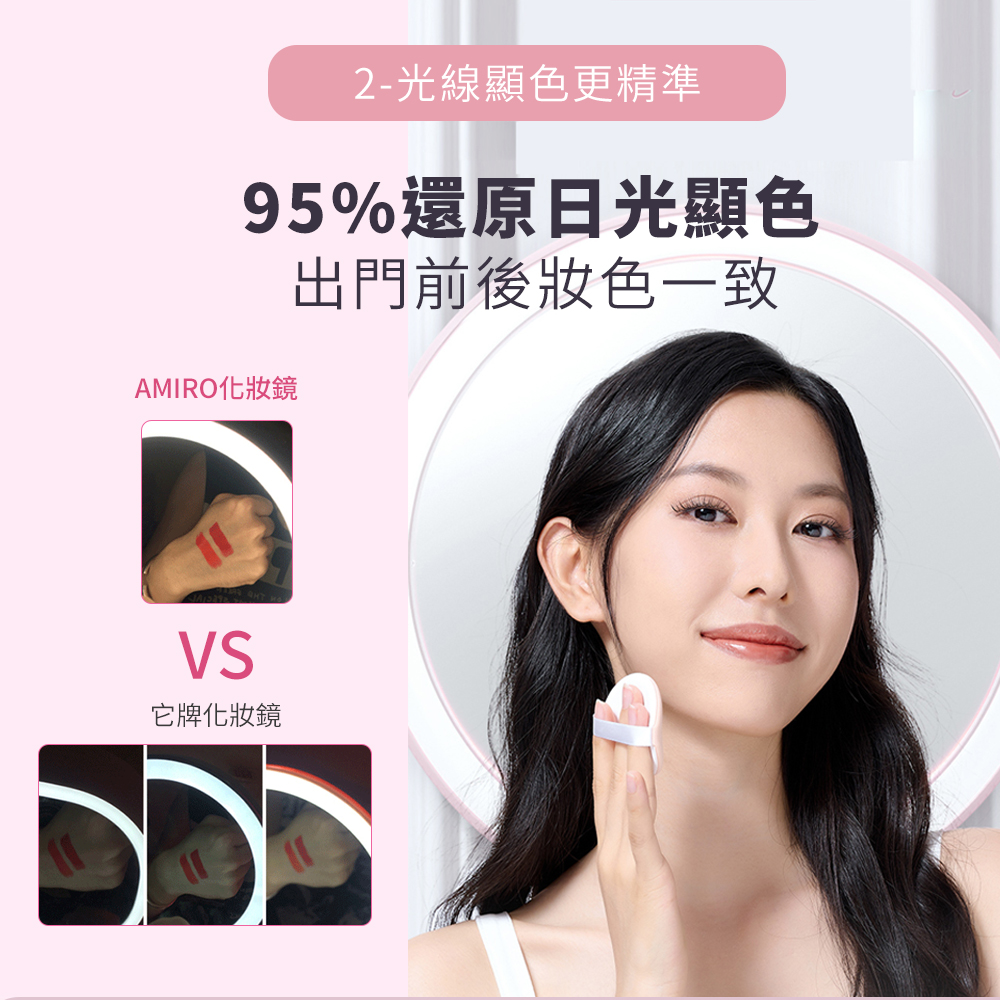 2光線顯色更精準 95%還原日光顯色 出門前後妝色一致 AMIRO化妝鏡 它牌化妝鏡 