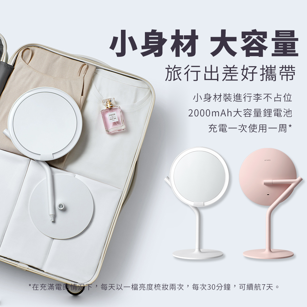 在充滿電的情況下,每天以一檔亮度梳妝兩次,每次30分鐘,可續航7天。