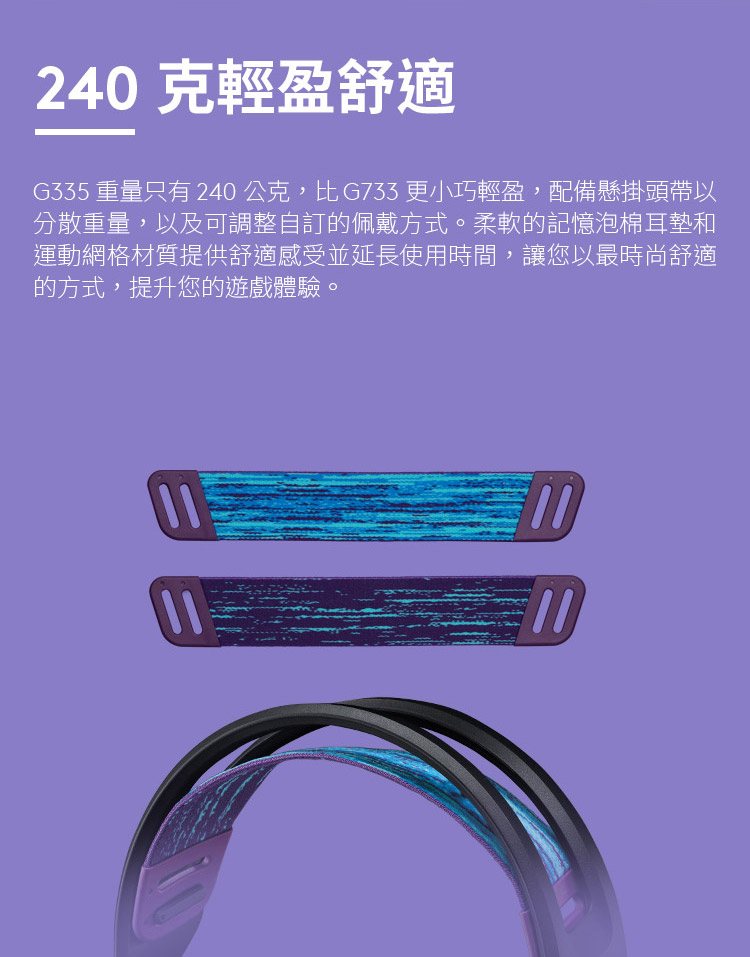 240克輕盈舒適 G335 重量只有240公克,比G733 更小巧輕盈,配備懸掛頭帶以 分散重量,以及可調整自訂的佩戴方式。柔軟的記憶泡棉耳墊和 運動網格材質提供舒適感受並延長使用時間,讓您以最時尚舒適 的方式,提升您的遊戲體驗。
