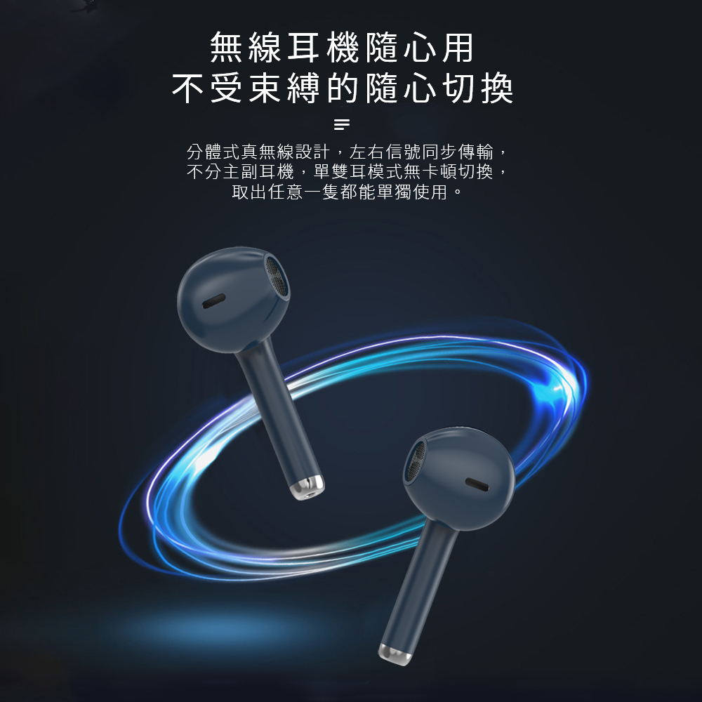 無線耳機隨心用 不受束縛的隨心切換 分體式真無線設計,左右信號同步傳輸, 不分主副耳機,單雙耳模式無卡頓切換, 取出任意一隻都能單獨使用。 