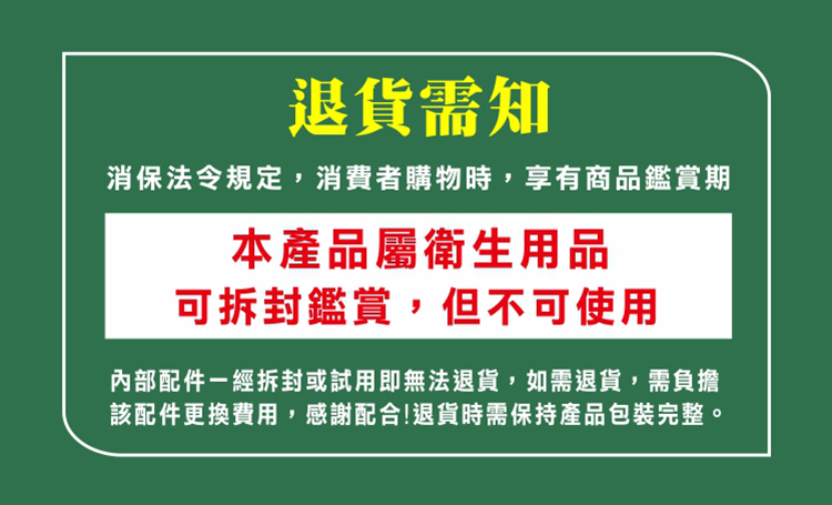 退貨需知，消保法令規定,消費者購物時,享有商品鑑賞期，本產品屬衛生用品，可拆封鑑賞,但不可使用，內部配件一經拆封或試用即無法退貨,如需退貨,需負擔，該配件更換費用,感謝配合!退貨時需保持產品包裝完整。