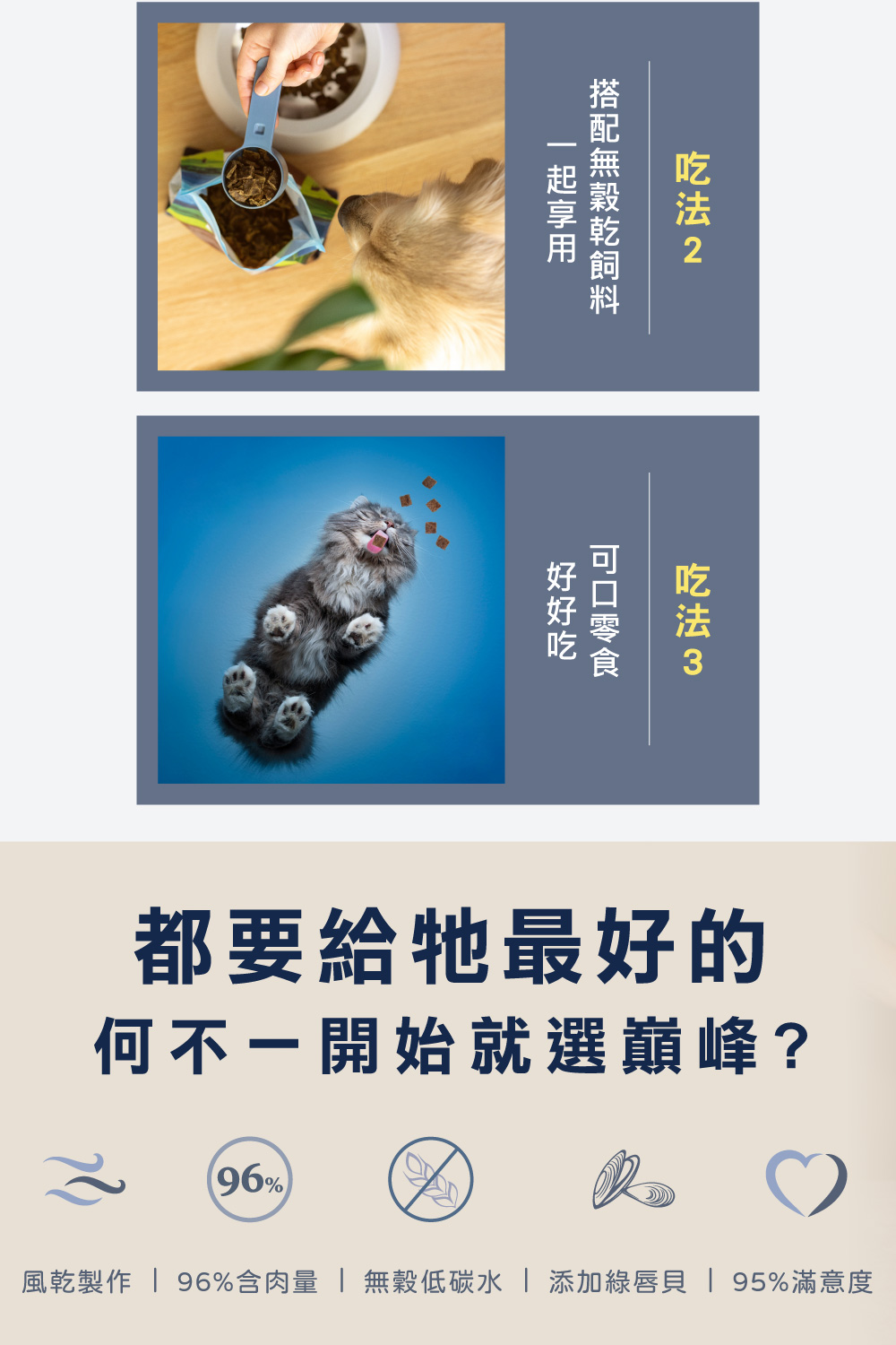 風乾製作  96%含肉量  無穀低碳水  添加綠唇貝  95%滿意度