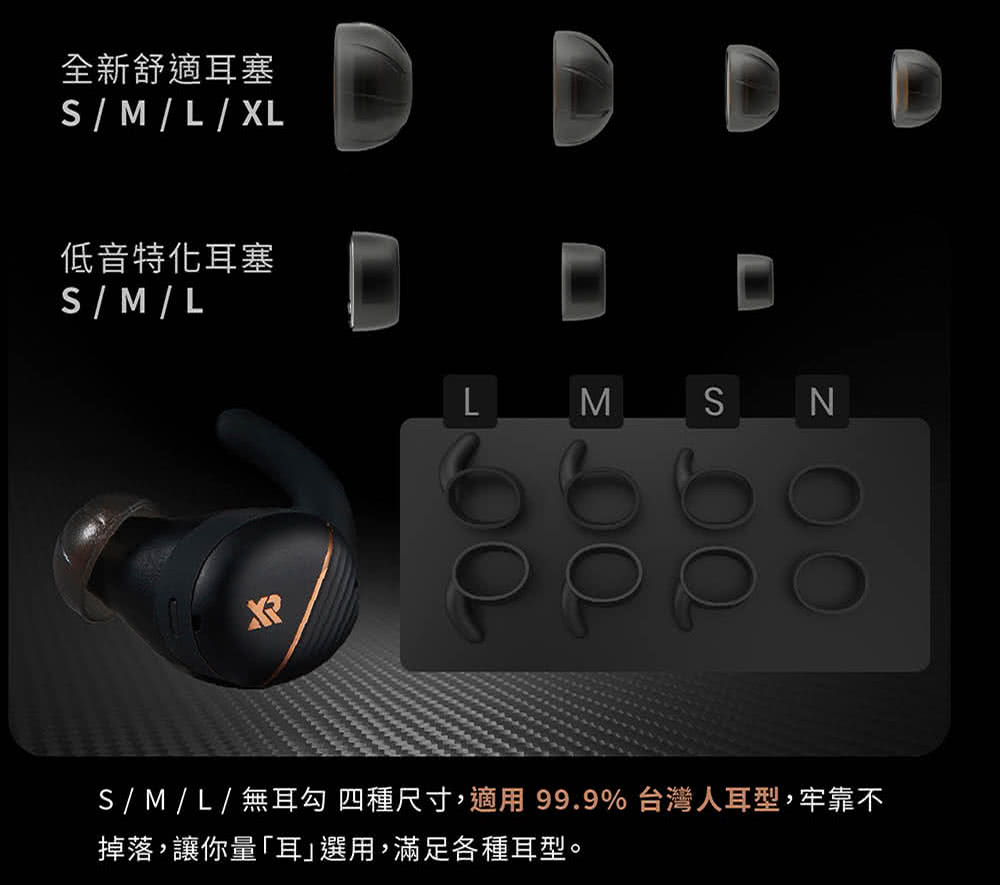 全新舒適耳塞 低音特化耳塞 SML無耳勾 四種尺寸,適用99.9% 台灣人耳型,牢靠不 掉落,讓你量耳選用,滿足各種耳型。 