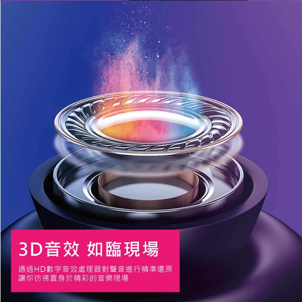 3D音效 如臨現場 通過HD數字音效處理器對聲音進行精準還原 讓你彷彿置身於精彩的音樂現場 