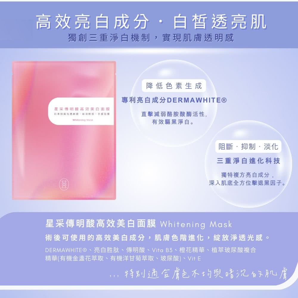 DERMAWHITE、亮白胜肽、傳明酸、Vita B3、橙花精華、植萃玻尿酸複合